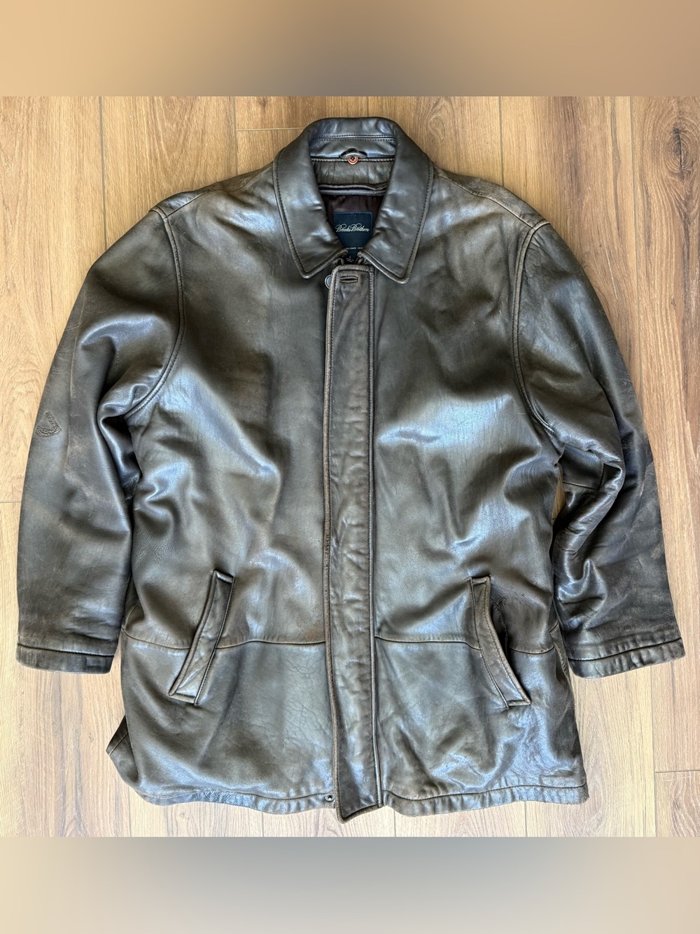 Brooks Brothers Leather Car CoatJacket Men's L Brown Zip Up Wool Lined